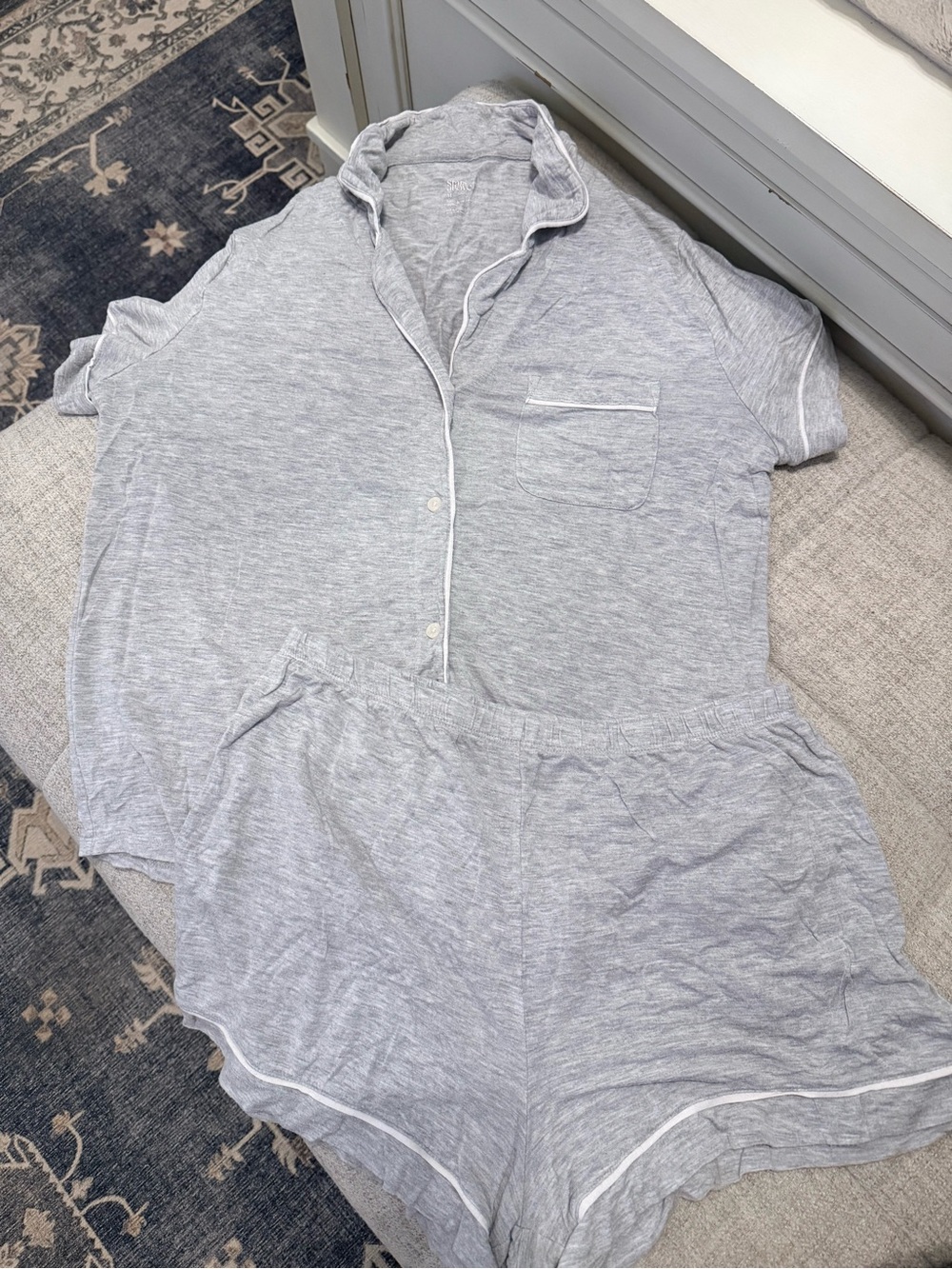 stars above Light Heather Gray Short-Sleeve Pajama Set with White Piping